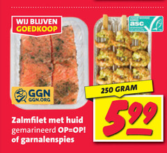  zalmfilet 250 huid gemarineerd garnalenspies 
