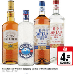  1 4 40 100 talloch captain caribbean rum old blended scotch whisky choice distiller well matured balanced distilled and shipped by scotland fans company premium natural spirit charcoal filtered vodka willemstad curacao esbjaerg flessen liter 