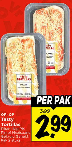  2 tasty tortillas pikant kip piri mexicaans gekruid gehakt pak stuks 3.99 