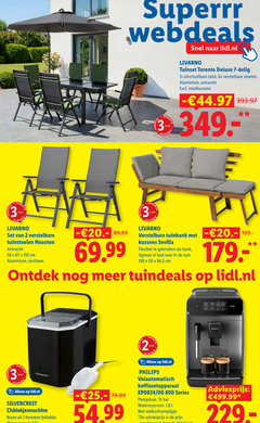 2 3 7 15 69 webdeals lidl.nl livarno tuinset toronto delig 1x uitschuifbare tafel 6x verstelbare stoelen aluminium antraciet stoelkussens jaar garant tuinstoelen houston cm textileen tuinbank kussens sevilla flexibel gebruiken bank ligstoel bed tuin 5 philips silvercrest ijsblokjesmachine formaten ijsblokjes volautomatisch koffiezetapparaat 00 series pompdruk bar waterreservoir 1 8 