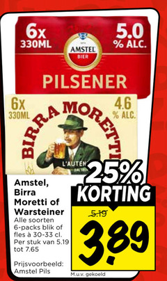  birra moretti amstel warsteiner blikjes bier 6 25 6x 330ml pilsener soorten blik fles stuk pils gekoeld 