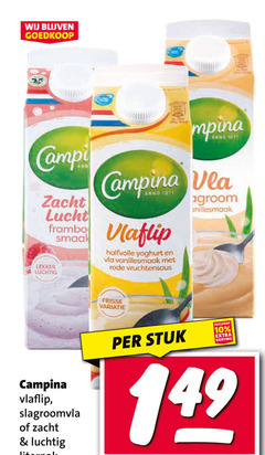  campina vla 10 zacht lucht framboos luchtig vlaflip halfvolle yoghurt vanillesmaak rode vruchtensaus frisse variatie stuk slagroomvla 