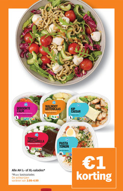  maaltijdsalade 1 45 210 gerookte zalm dille l walnoot geitenkaas honing tijmdressing appel kip caesar caesardressing croutons leven lam tomaat mozzarella xl salades m.u.v varieeren pasta tonijn yoghurtdressing olijven 