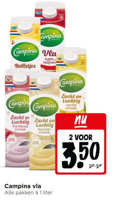  campina vla 1 2 350 anno bolletjes rum rozijnen camping zacht luchtig framboos banaan vanille pakken liter 