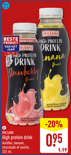  milsani drinkyoghurt 330 banana flavour high protein jaar proteine drink strawberry nana fles ml bouteille pro nutri score aardbei banaan chocolade vanille 