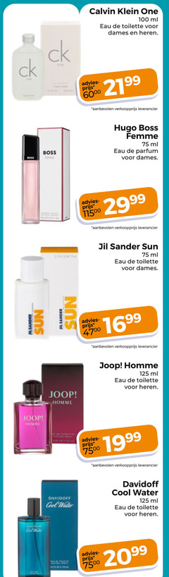  100 calvin klein one ml eau toilette dames heren sun jilsander joop homme 60 boss hugo femme parfum sander davidoff cool water 