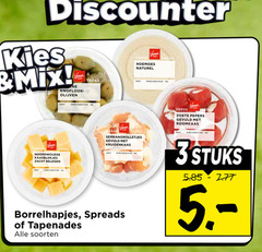  3 discounter mix knoflook olijven tapas verse hoemoes naturel houdbaar noordwoudse kaasblokjes zacht belegen zoete pepers gevuld roomkaas gewicht pas serranorolletjes kruidenkaas hornet stuks borrelhapjes spreads tapenades soorten 