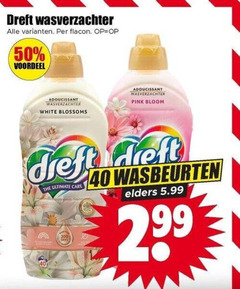  dreft wasverzachter 40 50 flacon voordeel adoucissant white blossoms pink bloom ultimate care wasbeurten elders 5.99 