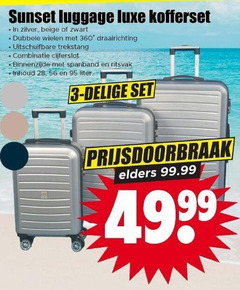  3 28 360 sunset luggage luxe kofferset zilver beige zwart dubbele wielen draairichting uitschuifbare trekstang cijferslot spanband ritsvak inhoud liter elders 