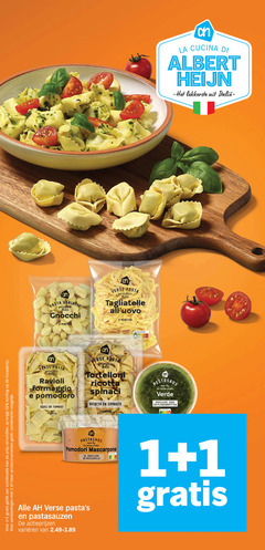  albert heijn huismerk pasta ravioli pastasaus tagliatelle 1 2 4 6 50 combinatie productvarianten combineren variatie gnocchi minuten verse gemaakt italie nutri score formaggio pomodoro kaas tomaat b tortelloni ricotta spinaci spinazie pestosaus verde basilicum pijnboompitten pomodori mascarpone ui knoflook mozzarella pastasauzen varieeren la cucina 