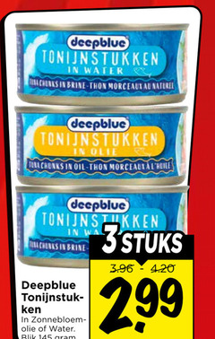  deepblue tonijn in blik tonijnstukken water chunks brine thon morceaux naturel olie oil wa tina zonnebloemolie 3stuks 