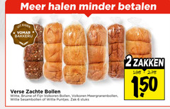  6 150 minder bakkerij verse zachte bollen witte bruine fijn volkoren meergranenbollen sesambollen puntjes zak stuks 