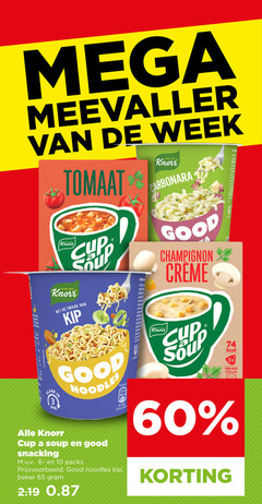  knorr cup a soup soep noodles 10 60 65 100 mega meevaller week tomaat kip klaar min good snacking 8 beker carbonara champignon 3x mok ml 