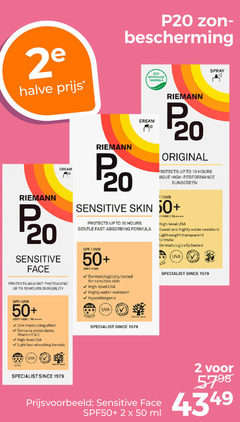  2 10 50 p20 bescherming spray 2e halve eco improved formula riemann sensitive face cream protects against up to hours uvb high moisturizing effect contains antioxidants original sunscreen skin gentle fast dermatologisch tested for level uva highly water resistant specialist since sweat and lightweight vitamin light spf50 ml 