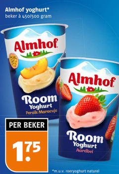  almhof vruchtenyoghurt yoghurt beker 450 500 room perzik maracuja aardbei m.u.v roeryoghurt naturel 