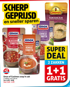  unox conimex soep 1 2 10 55 scherp geprijsd sparen groenten zak klassiek tomaten grof gesneden courgette gehaktballetjes romige zongedroogde tomaat mascarpone basilicum vezels chinese ui mie since tom licht pittige thaise kippensoep zakken ml super deal 