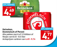  dommelsch heineken blikjes bier 6 12 25 5.99 original puur peroni pakken blikken liter varieeren 