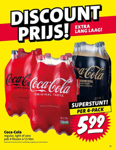  coca-cola cola 4 25 discount coca zero calories recycle original taste refreshing lang laag caffeine sugar pack 5.99 regular light pak flessen 1 5 liter maximaal 6x aanbieding 