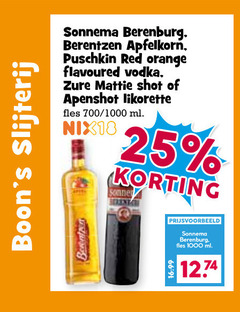  sonnema berentzen apfelkorn berenburg 25 1000 slijterij puschkin red orange flavoured vodka zure mattie shot apenshot likorette fles 700 ml nix18 