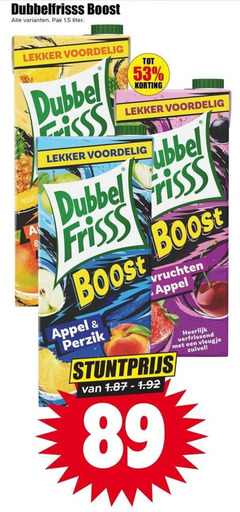  dubbelfrisss fruitdrank boost pak liter dubbel frisss appel perzik vruchten verfrissend vleugje zuivel 