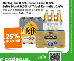  karmeliet hertog jan corona leffe alcoholvrij bier 6 25 0.0 blond tripel tray blikken 30 33 actieprijs blonde 00 cadeaus combinatie kassa berekend 