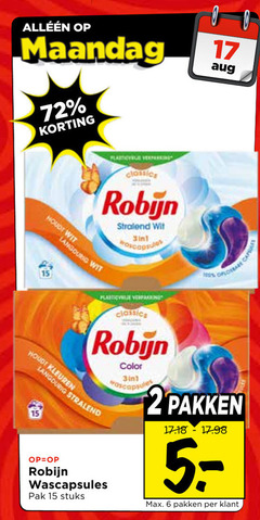  robijn wasmiddel 2 6 15 17 100 maandag 00 classics wit langdurig kleuren wascapsules pak stuks color capri pakken 