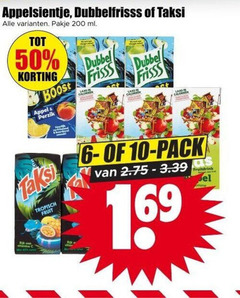  6 10 50 69 200 appelsientje dubbelfrisss taksi pakje ml dubbel boost appel perzik lang frisss fruitdrink tropisch fruit pack 16 