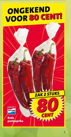 klik op dit plaatje voor een vergroting en voor vergelijkbare aanbiedingen gerelateerd aan
puntpaprika 2 3 80 cent holland rode zak stuks puntpaprika 2 3 80 cent holland rode zak stuks