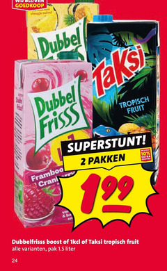  dubbelfrisss taksi fruitdrank 2 10 24 vleugje zuivel dubbel frisss framboos tropisch fruit pakken boost pak liter 