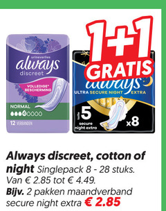  1 2 5 8 12 28 urineverlies always discreet bescherming normal verbanden ultra secure night cotton singlepack stuks pakken maandverband 