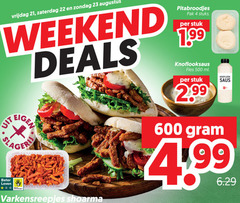  4 22 23 500 600 vrijdag zaterdag weekend deals slager beter leven dieren bescherming pitabroodjes pak stuks stuk knoflooksaus fles ml 2 99 knoflook saus varkensreepjes shoarma 