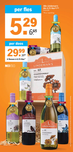  6 8 10 40 45 65 90 fles doos flessen liter stevig lindemans shiraz m.u.v sparkling fris droog blanc nix18 pinot grigio with notes stone fruite l chardonnay medium fresh crisp finish lichtzoet donnay moscato sweet and fruity flavours cabernet sauvignon bold full dare fruits warm spice soepel merlot smooth red berry aromas soft dezelfde wijn combinatie aanbieding 