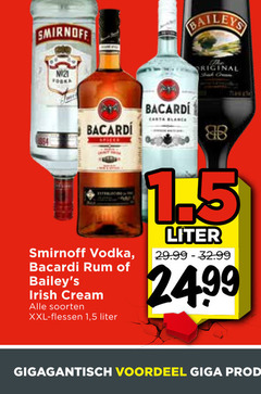  smirnoff baileys original vodka bacardi rum irish cream soorten xxl flessen 1 5 liter carta blanca voordeel giga 