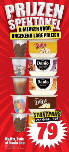  danone danio kwark spektakel merken lage twix mix duo stuk chocolate chocolade balletjes karamel 