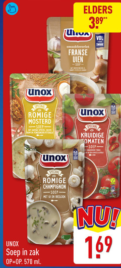  unox soep 250 romige mosterd hartige spekjes zachte room fijngesneden peterselie elders franse uien grofgesneden ui zwarte peper laurier rijk kruidige tomaten zongedroogde tomaat scheutje olijfolie zak ml champignon bieslook duurzaam groenten 2x 
