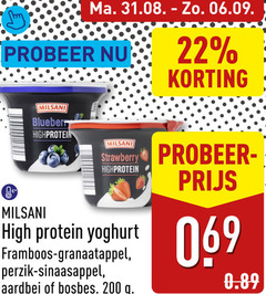  milsani vruchtenyoghurt 22 200 high protein yoghurt framboos granaatappel perzik sinaasappel aardbei bosbes 