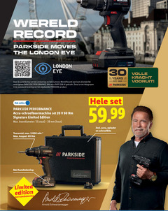  1 13 20 30 60 wereld record parkside london eye iii brushless aandrijving guinness world accu a1 levering volle years kracht vooruit online schroefboormachine signature limited edition boordiameter staal mm hout toerental min koppel handtekening schwarzenegger oplader schroefbits 