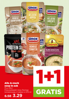  1 2 unox romige champignon ui bieslook heldere kippen soep malse stukjes kip wortel doperwtjes vermicelli rijk eiwitten groente bleekselderij gehaktballetjes xxl nutrition protein tomaat zak groenten tomaten zongedroogde mascarpone basilicum vezels since conimex tom licht pittige thaise kippensoep merk m.u.v bio tomatensoep zakken ml 