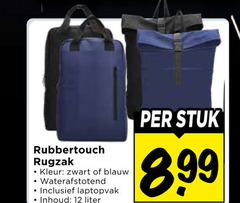  12 rugzak kleur zwart blauw waterafstotend laptopvak inhoud liter stuk 