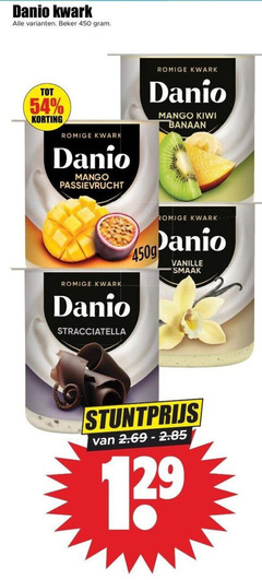  danone danio kwark 450 beker romige mango passievrucht stracciatella kiwi banaan vanille 