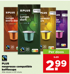 plus huismerk koffiecups 1 9 11 12 20 aluminium cups lungo dark zacht fairtrade stuks nutri score nespresso compatible dozen presso ark lus ups go doos 