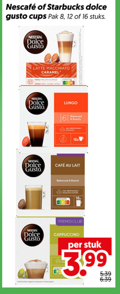  nescafe dolce gusto capsules 8 12 16 100 starbucks cups pak stuks latte macchiato caramel premium profile mellow voluptuous robusta origins brazil colombia vietnam lungo balanced roasty responsibly sourced 16x mcafee lait round coffee premio club cappuccino stuk 3.99 