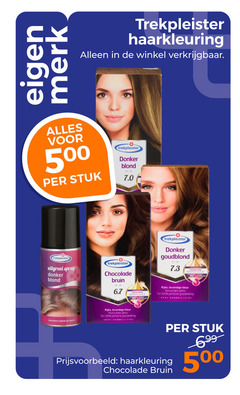 90 100 500 699 eigen merk trekpleister haarkleuring alleen in de winkel verkrijgbaar . alles voor per stuk donker blond 7.0 crekpleister uitgroei spray chocolade bruin 6.7 goudblond 7.3   rijke levendige kleur natuurlijke glans tot perfecte grijsdekking natuurlike fet grysdekking prijsvoorbeeld   