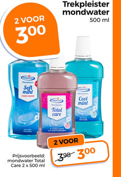  trekpleister huismerk mondwater 2 6 300 500 ml soft mint alcohol total care cool milde werking actieve frisse mintsmaak active fluor 