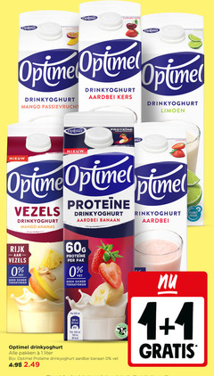  1 5 46 100 200 optimel passie vruchten drinkyoghurt aardbei kers limoen mango passievrucht banaan vezels ananas to planet proof rijk vet suiker pak ml pakken liter 