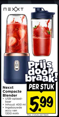  blender 2 400 nexxt compacte usb oplaad inhoud ml ingebouwde accu stuk 5.99 stuks 