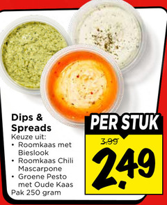  roomkaas mascarpone pesto 250 dips spreads bieslook chili groene oude kaas pak stuk 3.99 