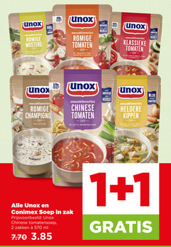 conimex unox soep 1 2 romige mosterd hartige spekjes zachte room groenten zak tomaten zongedroogde tomaat mascarpone basilicum vezels klassieke grof gesneden courgette paprika gehaktballetjes champignonsoep ui bieslook chinese lente mie heldere kippen malse stukjes kip wortel doperwtjes vermicelli rijk eiwitten tomatensoep zakken ml 
