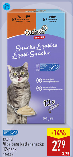  kattensnacks 6 12 279 cachet foie gevogelte lever saumon snacks liquid certified seafood www.msc.org sans sucres toegevoegde suiker colorants kleurstoffen ge gecertificeerd visserij duurzame nl vloeibare pack 