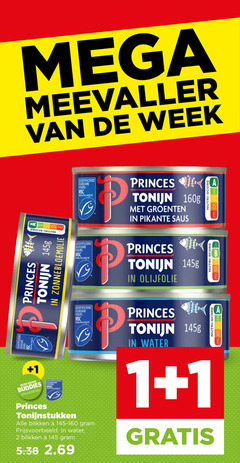  1 2 mega meevaller week gecertificeerd visserij www.msc.org nl zonnebloemolie tonijn princes beter buddies duurzame tonijnstukken blikken water groenten pikante saus olijfolie nutri score b 